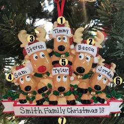 Reindeer Family Of 6 Personalized Christmas Ornament