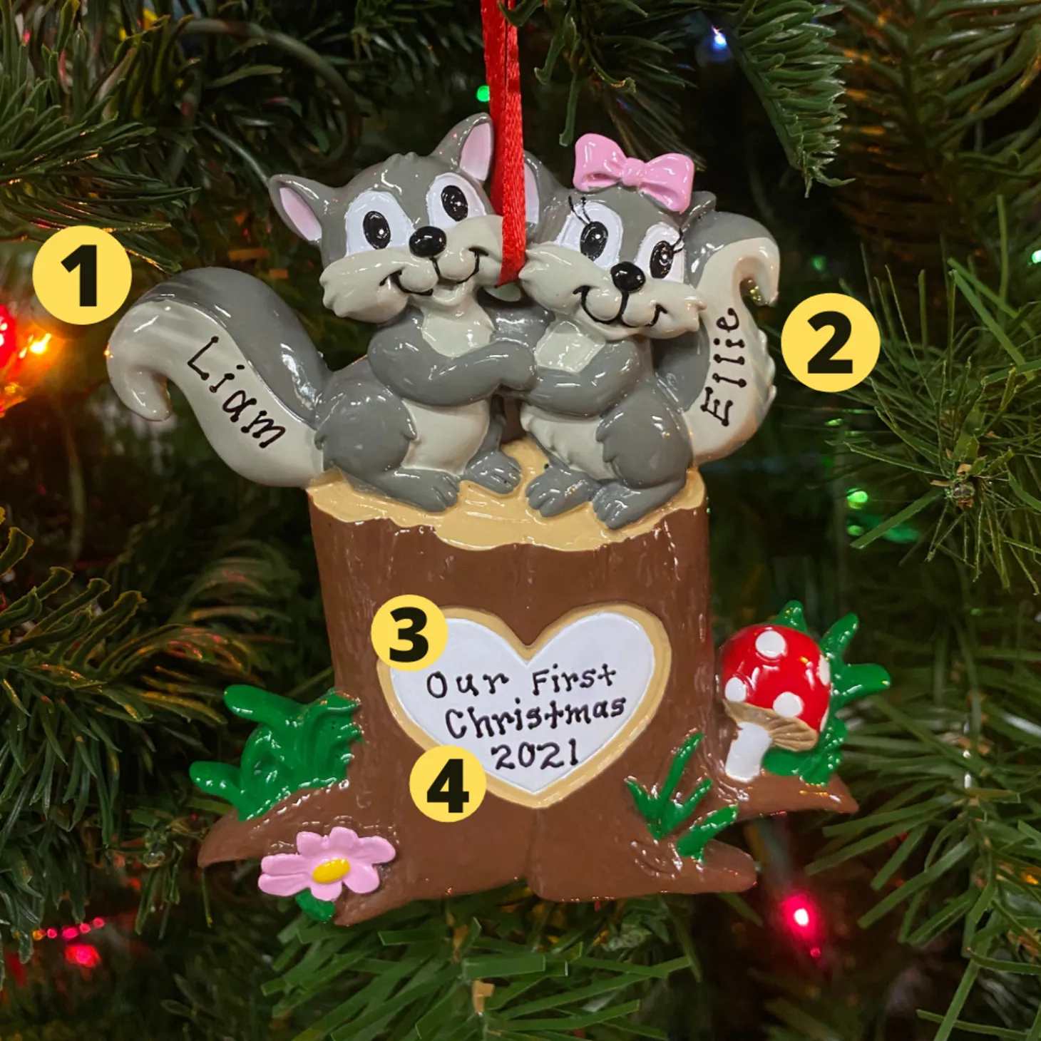 Squirrel Couple On Tree Trunk With Heart Personalized Christmas Ornament OR1890-SQ
