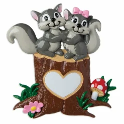 Squirrel Couple On Tree Trunk With Heart Personalized Christmas Ornament OR1890-SQ