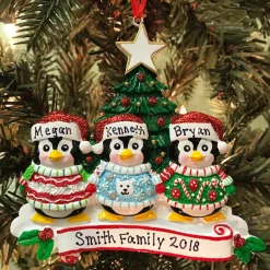 Ugly Sweater Penguin Family Of 3 Personalized Christmas Ornament