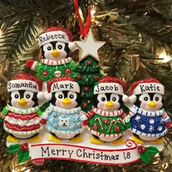 Ugly Sweater Penguin Family Of 5 Personalized Christmas Ornament