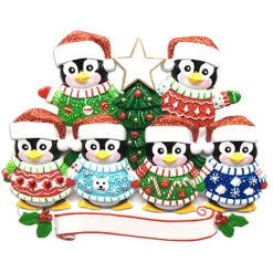 Ugly Sweater Penguin Family Of 6 Personalized Christmas Ornament